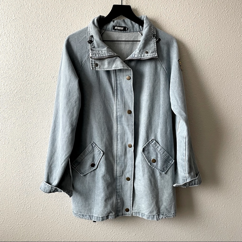 Zaful Re’fusion Light Denim Zip Button Up Long Sleeve Military Jacket Utility